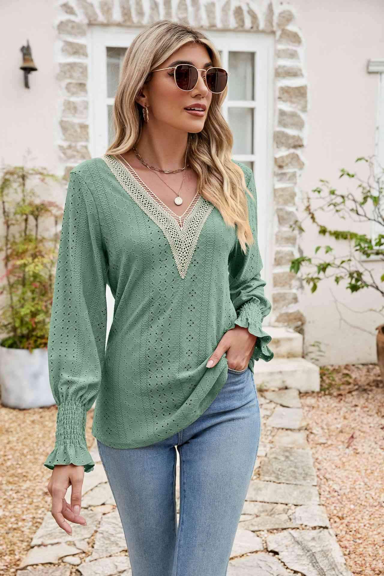 Eyelet V-Neck Smocked Flounce Sleeve Blouse Blouses - Tophatter Daily Deals