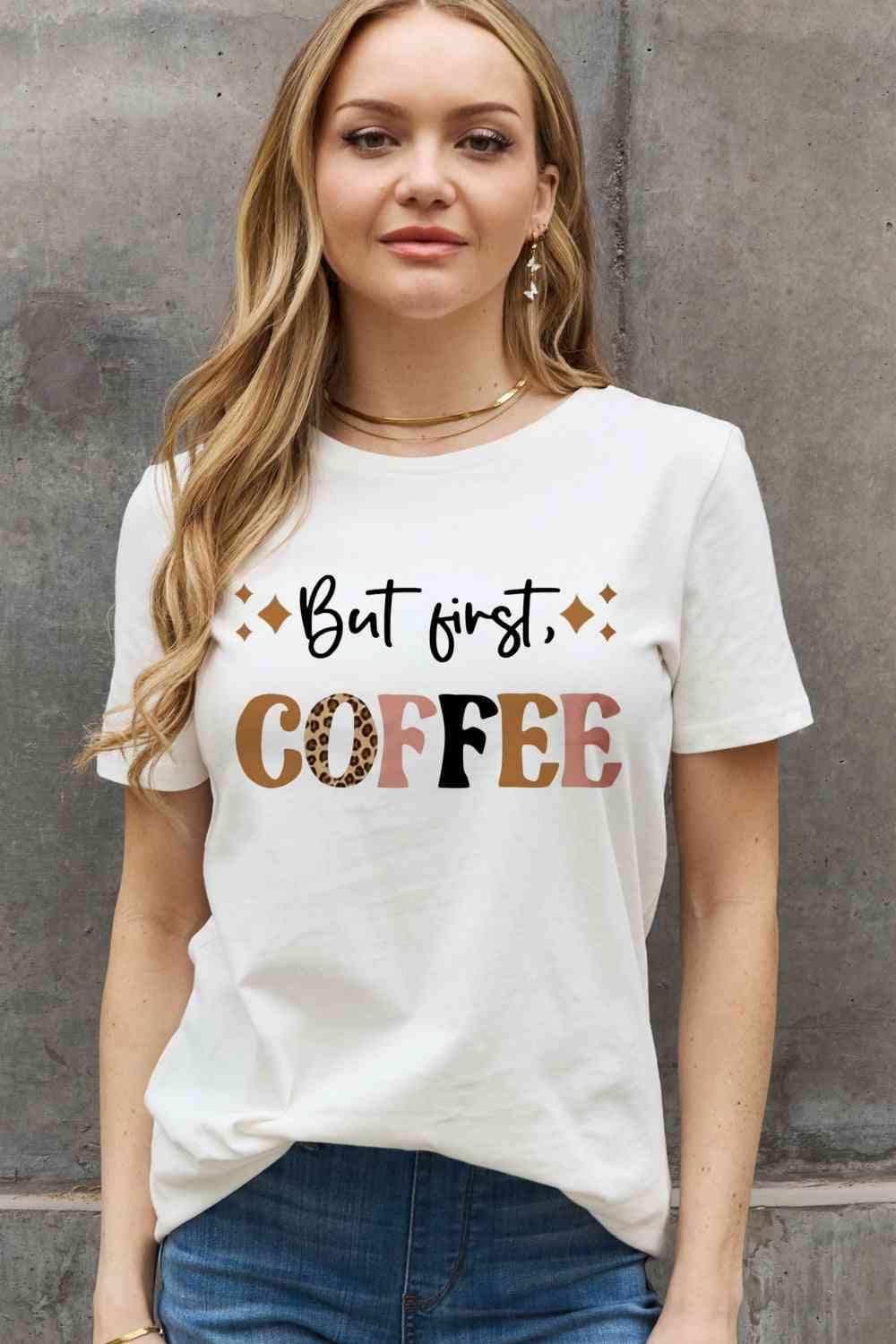 Simply Love Full Size BUT FIRST COFFEE Graphic Cotton Tee Bleach Women's T-Shirts - Tophatter Daily Deals