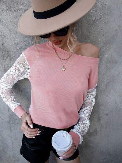 Lace Detail Round Neck Dropped Shoulder T-Shirt Women's T-Shirts - Tophatter Daily Deals