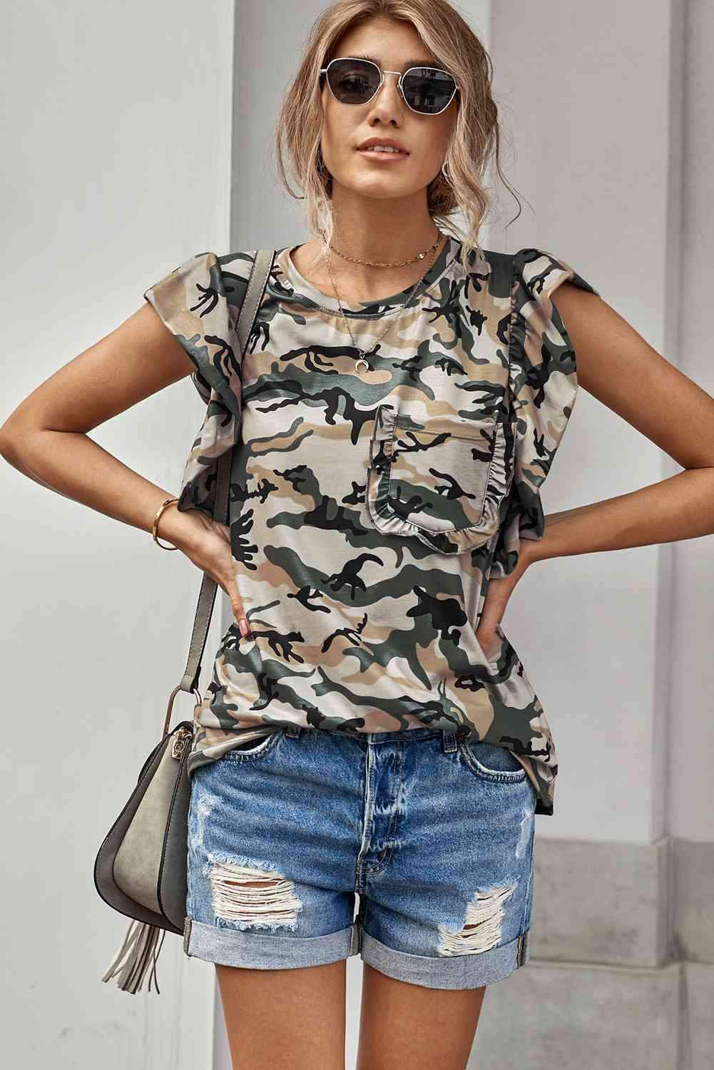 Camouflage Flutter Sleeve T-Shirt Blouses - Tophatter Daily Deals