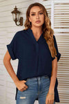 Notched Neck Slit Cuffed Blouse Blouses - Tophatter Daily Deals