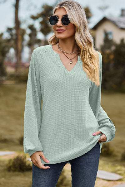 Eyelet Notched Raglan Sleeve T-Shirt Gum Leaf Women's T-Shirts - Tophatter Daily Deals