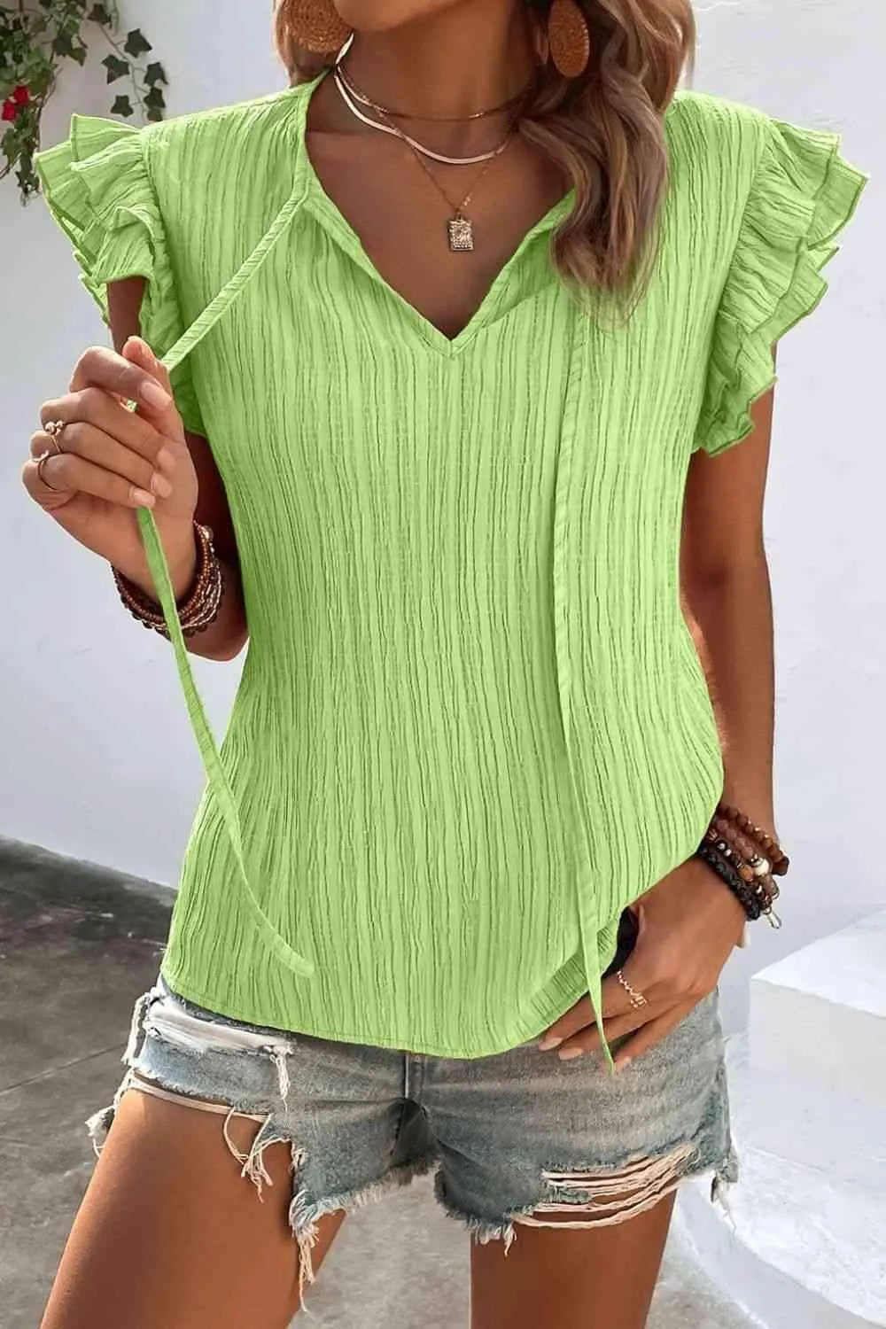 Textured Tie Neck Butterfly Sleeve Blouse Mint Green Blouses - Tophatter Daily Deals