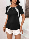 Lace Trim Contrast Waffle-Knit Top Black Blouses - Tophatter Daily Deals