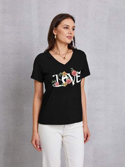 LOVE V-Neck Short Sleeve T-Shirt Black Women's T-Shirts - Tophatter Daily Deals