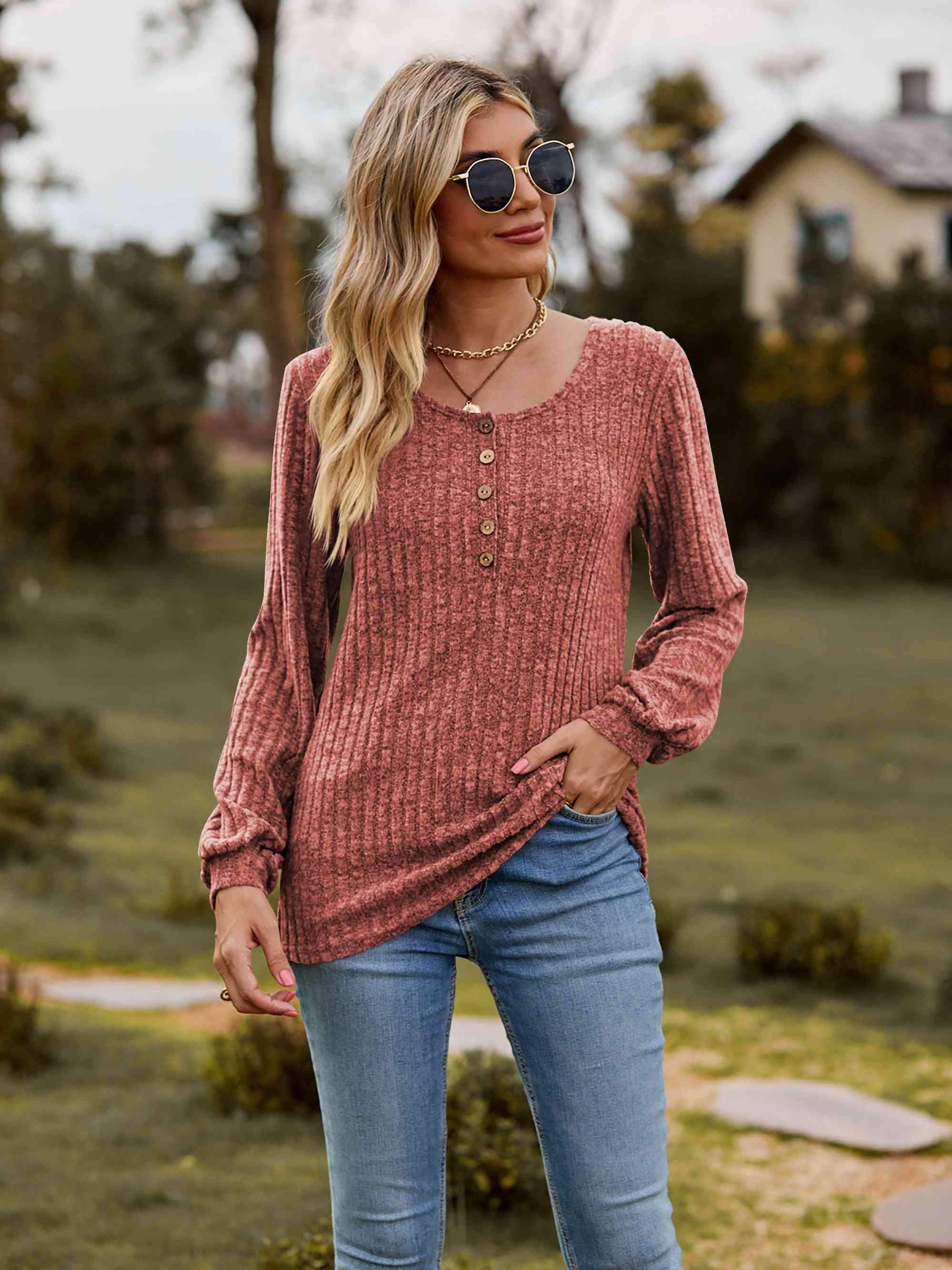 Round Neck Button-Down Long Sleeve Tee Women's T-Shirts - Tophatter Daily Deals