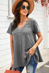 Lace Trim Waffle-Knit V-Neck Top Gray Blouses - Tophatter Daily Deals