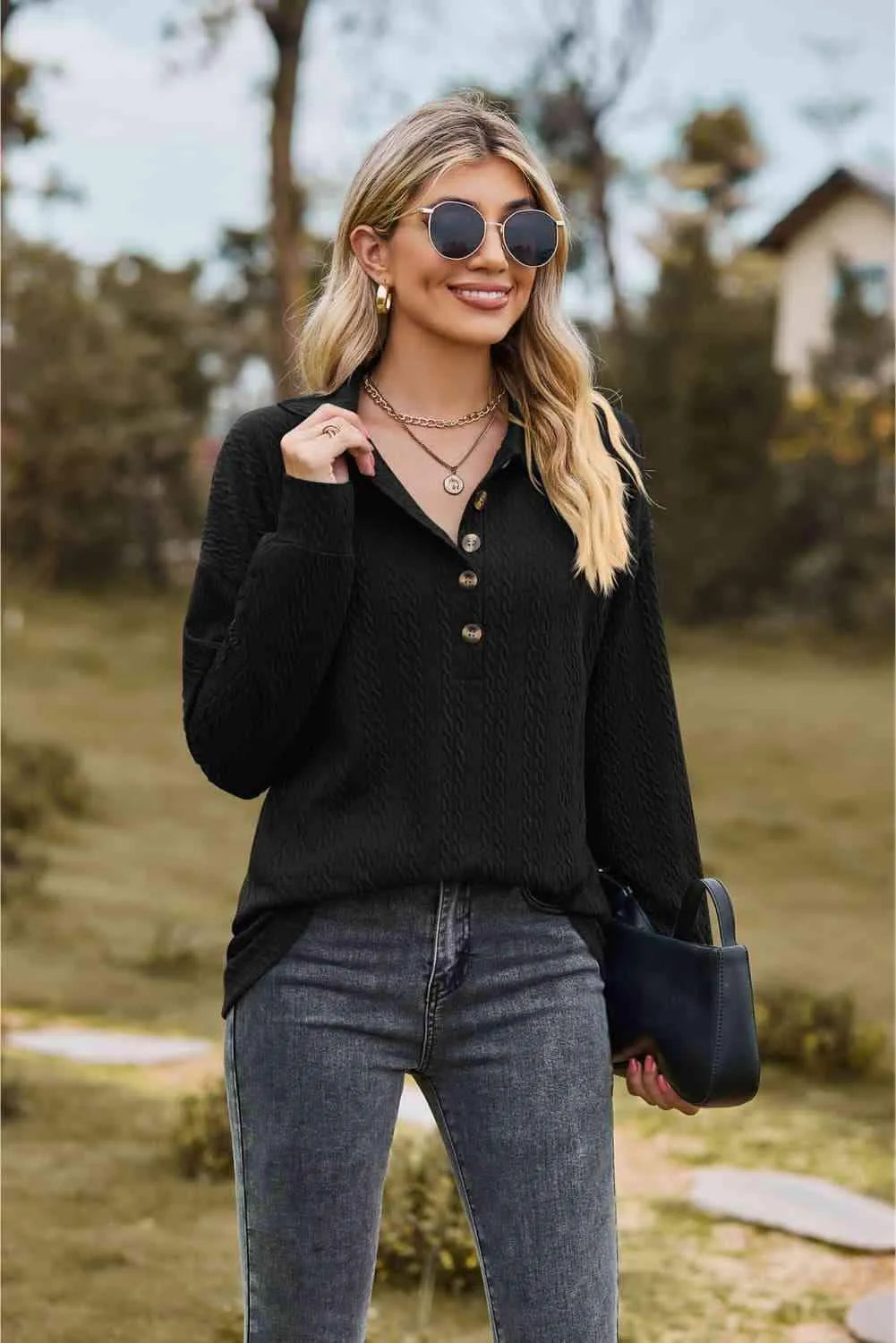 Collared Neck Long Sleeve Blouse Blouses - Tophatter Daily Deals