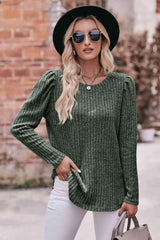 Double Take Round Neck Puff Sleeve Ribbed Top Army Green Blouses - Tophatter Daily Deals