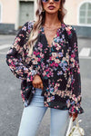 Floral Print Flounce Sleeve Blouse Black Blouses - Tophatter Daily Deals