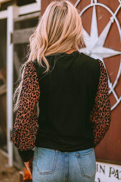 Leopard Print Long Sleeve Ribbed Knit Blouse Blouses - Tophatter Daily Deals