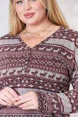Heimish Full Size Christmas Element Buttoned Long Sleeve Top Blouses - Tophatter Daily Deals