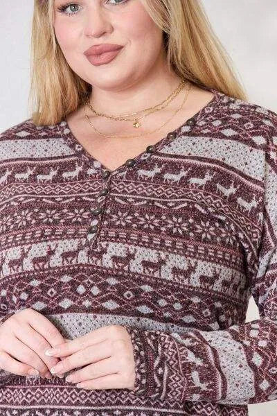 Heimish Full Size Christmas Element Buttoned Long Sleeve Top Blouses - Tophatter Daily Deals
