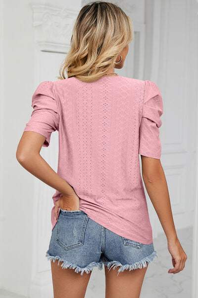 Eyelet Round Neck Puff Sleeve T-Shirt Women's T-Shirts - Tophatter Daily Deals