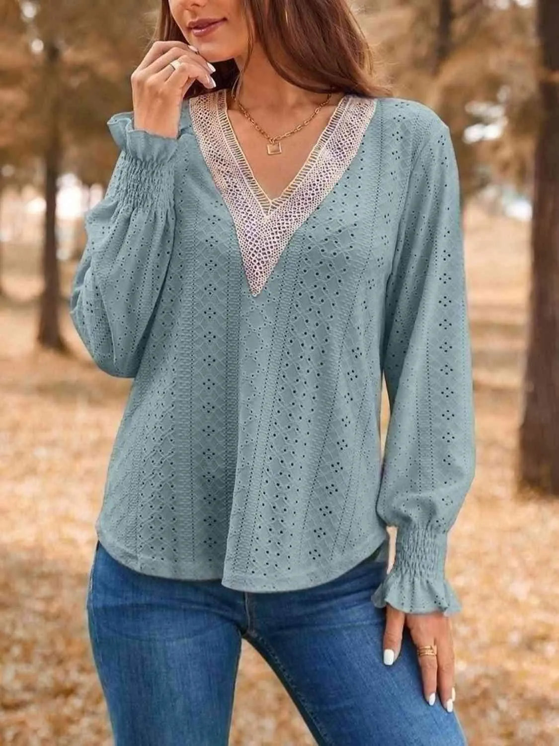 Eyelet V-Neck Flounce Sleeve Top Sage Blouses - Tophatter Daily Deals