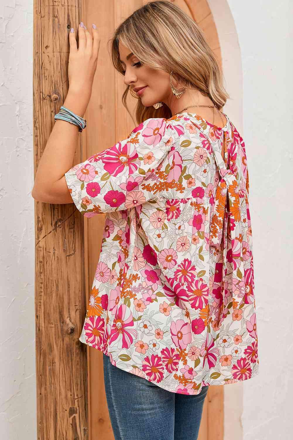 Floral Puff Sleeve Tied Blouse Blouses - Tophatter Daily Deals