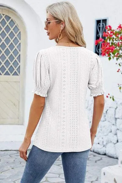 Eyelet Square Neck Short Sleeve T-Shirt Women's T-Shirts - Tophatter Daily Deals