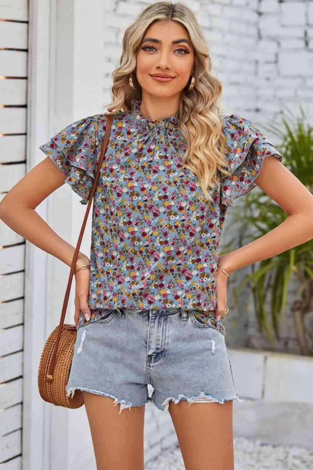 Floral Ruffle Collar Flutter Sleeve Blouse Blouses - Tophatter Daily Deals