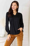 Double Take Ruched Notched Neck Puff Sleeve Blouse Black Blouses - Tophatter Daily Deals