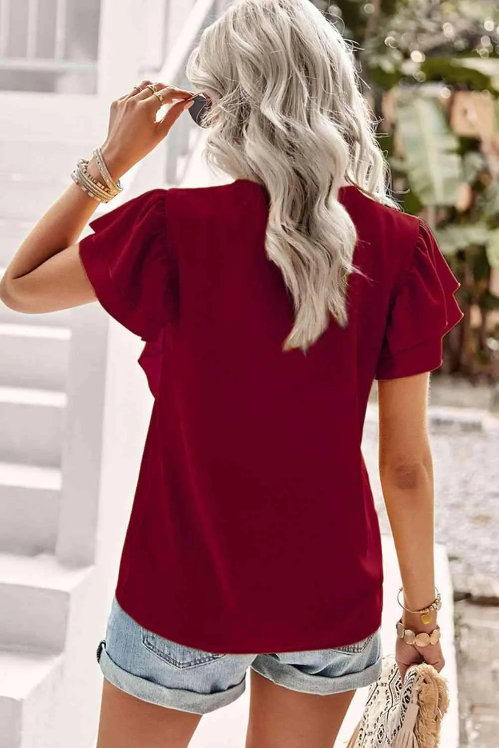 Contrast Ruffle Trim Flutter Sleeve Blouse Blouses - Tophatter Daily Deals