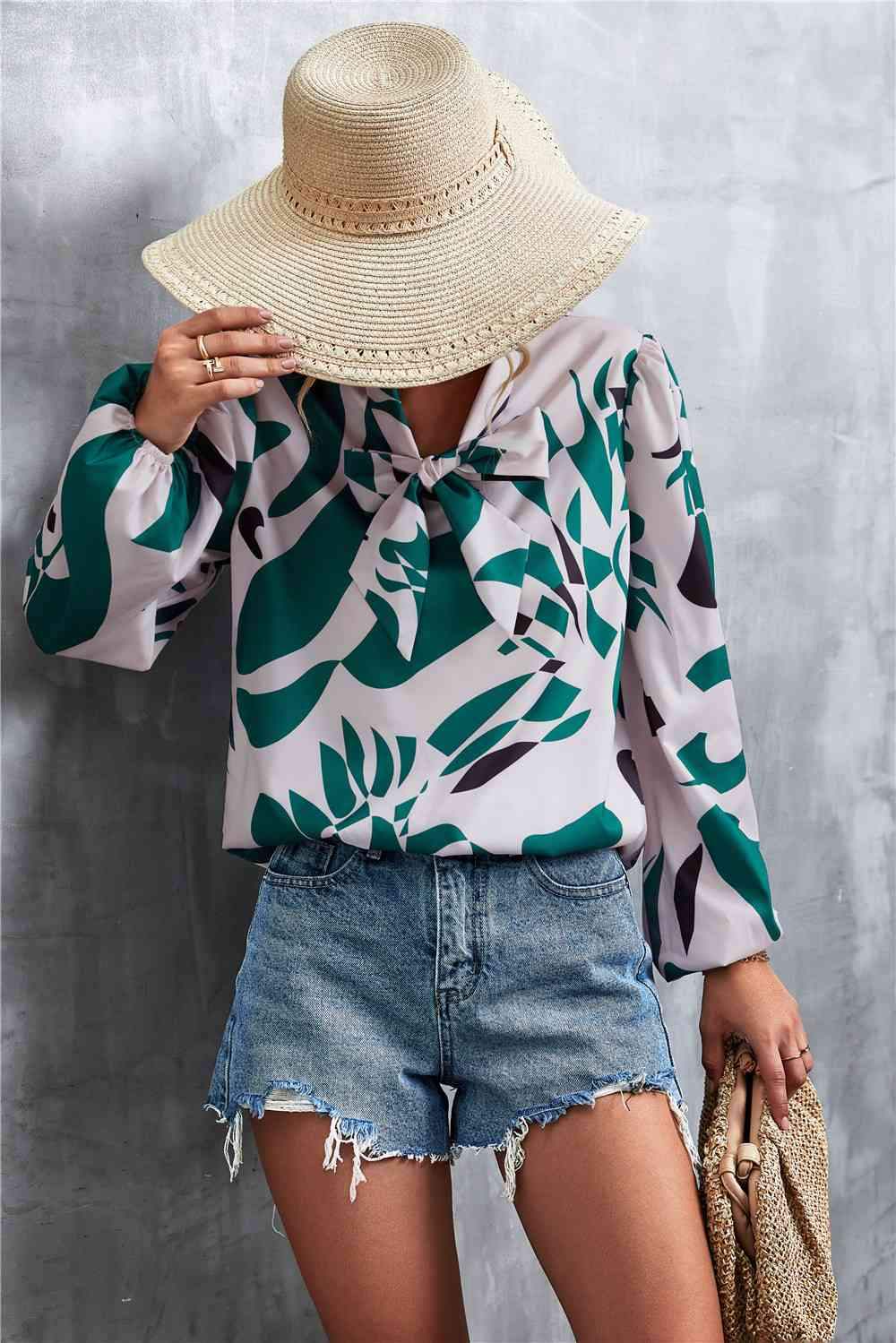 Printed Tie Neck Puff Sleeve Blouse Green Blouses - Tophatter Daily Deals