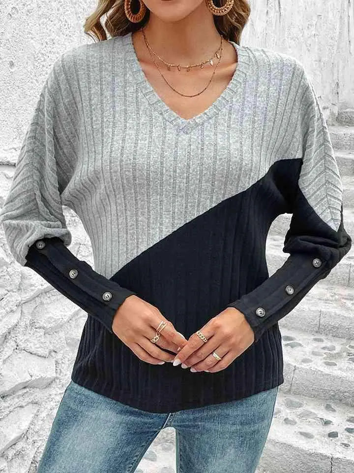Contrast Buttoned V-Neck Blouse Blouses - Tophatter Daily Deals