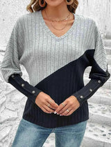 Contrast Buttoned V-Neck Blouse Blouses - Tophatter Daily Deals