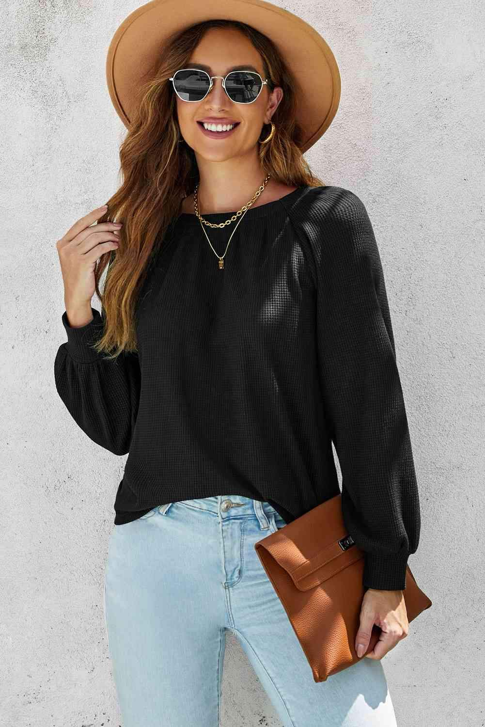 Waffle-Knit Long Raglan Sleeve Top Blouses - Tophatter Daily Deals