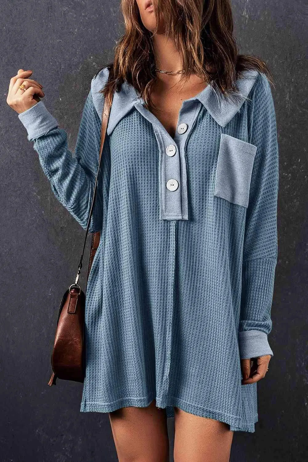 Waffle Knit Buttoned Long Sleeve Top with Breast Pocket Blouses - Tophatter Daily Deals