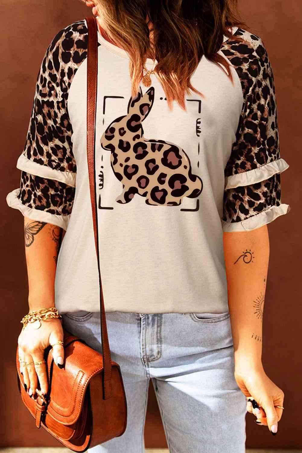 Leopard Bunny Graphic Layered Sleeve T-Shirt Beige Women's T-Shirts - Tophatter Daily Deals