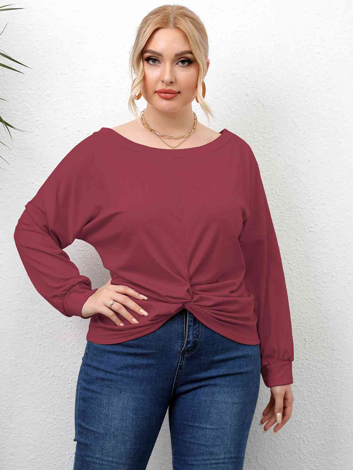 Plus Size Twisted Drop Shoulder T-Shirt Deep Red Women's T-Shirts - Tophatter Daily Deals