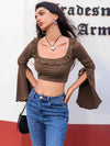 Open Bell Sleeve Square Neck Crop Top Camel Blouses - Tophatter Daily Deals