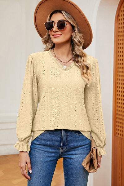 Eyelet V-Neck Flounce Sleeve T-Shirt Women's T-Shirts - Tophatter Daily Deals