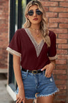 Openwork V-Neck Short Sleeve T-Shirt Wine Women's T-Shirts - Tophatter Daily Deals