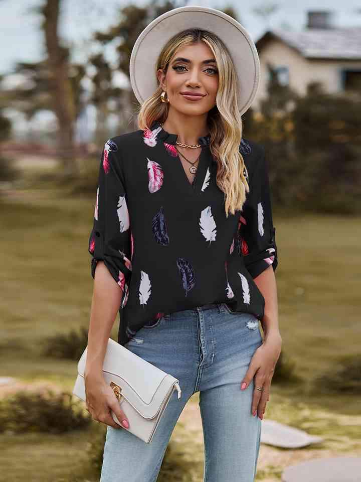 Printed Roll-Tab Sleeve Notched Neck Blouse Blouses - Tophatter Daily Deals