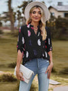 Printed Roll-Tab Sleeve Notched Neck Blouse Blouses - Tophatter Daily Deals