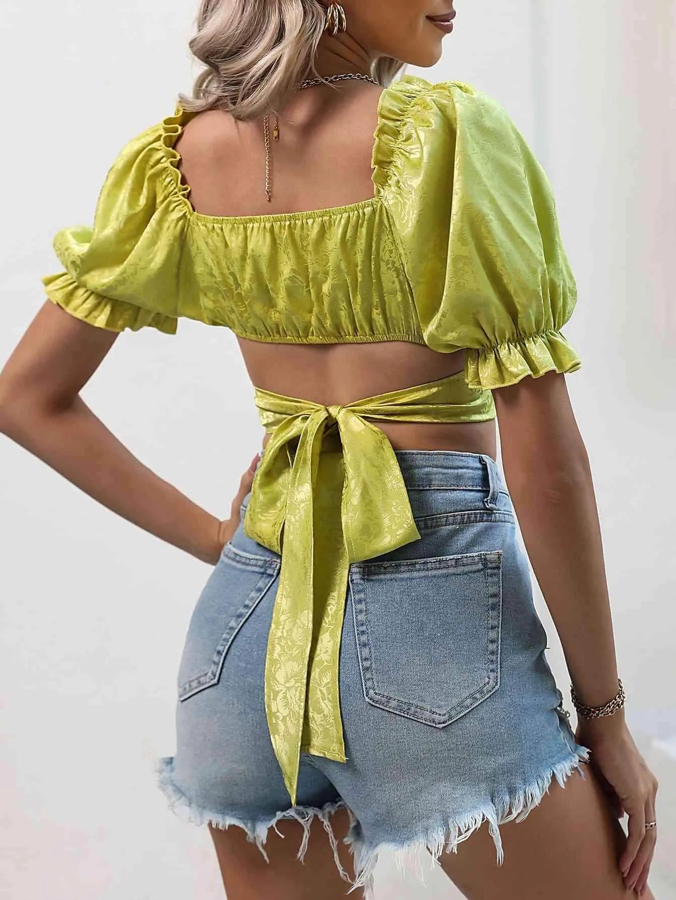 Crisscross Tie Back Flounce Sleeve Cropped Blouse Blouses - Tophatter Daily Deals
