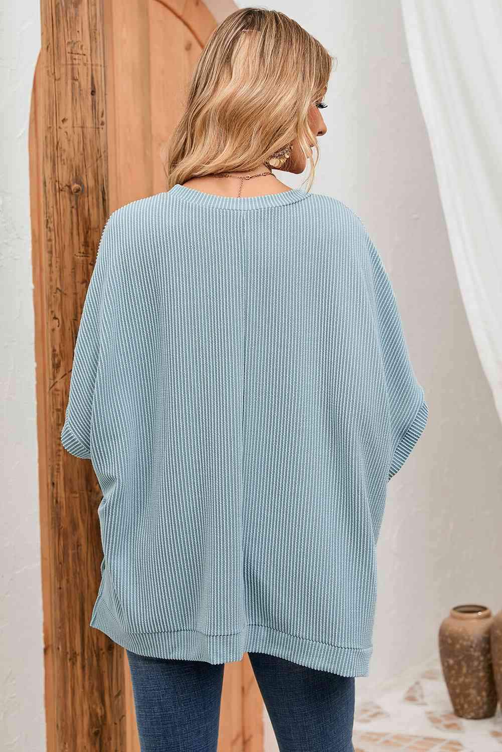 Double Take Full Size Round Neck Ribbed Slit Tunic Top Blouses - Tophatter Daily Deals