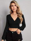 V Neck Crop Top Black Blouses - Tophatter Daily Deals