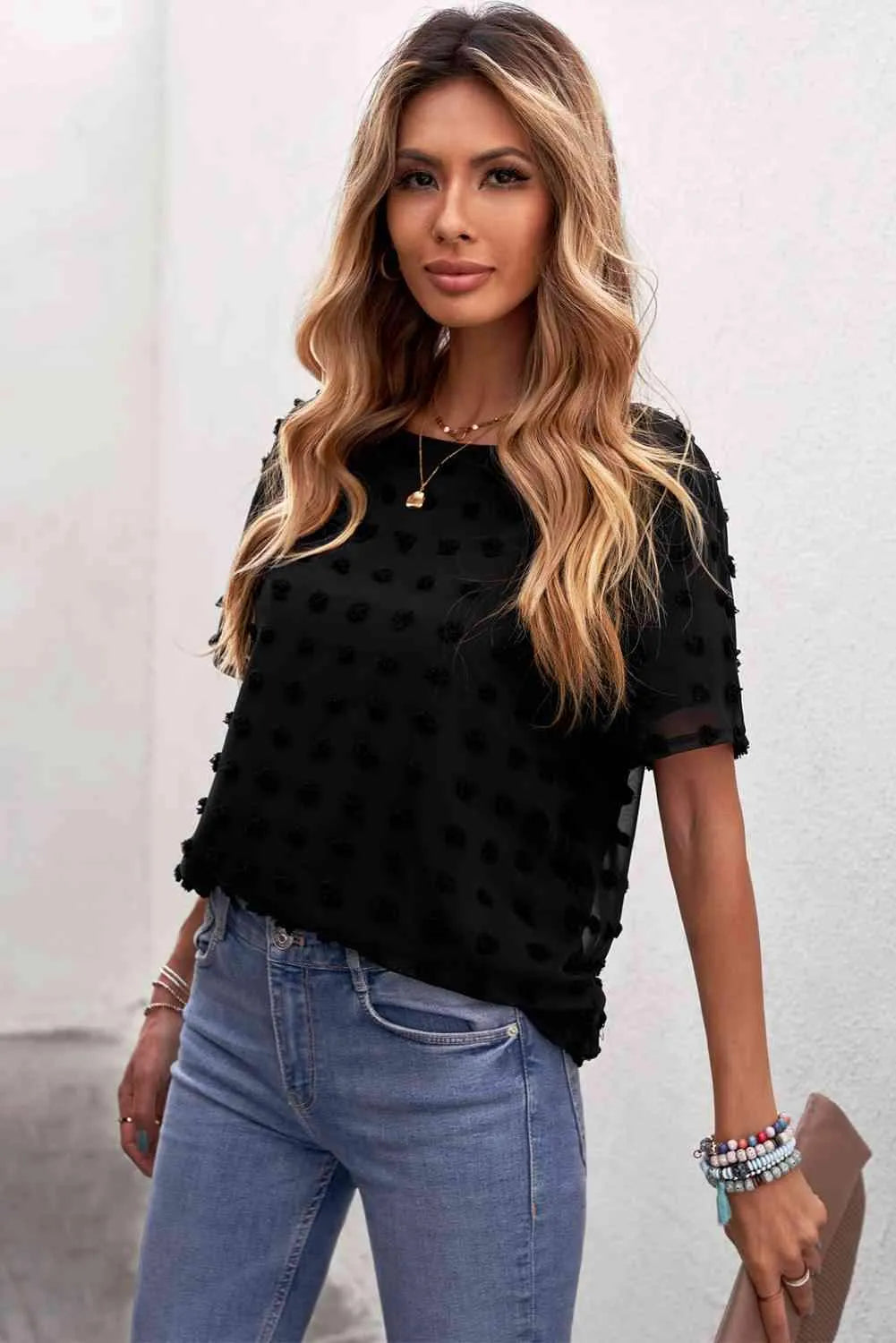 Swiss Dot Round Neck Blouse Blouses - Tophatter Daily Deals