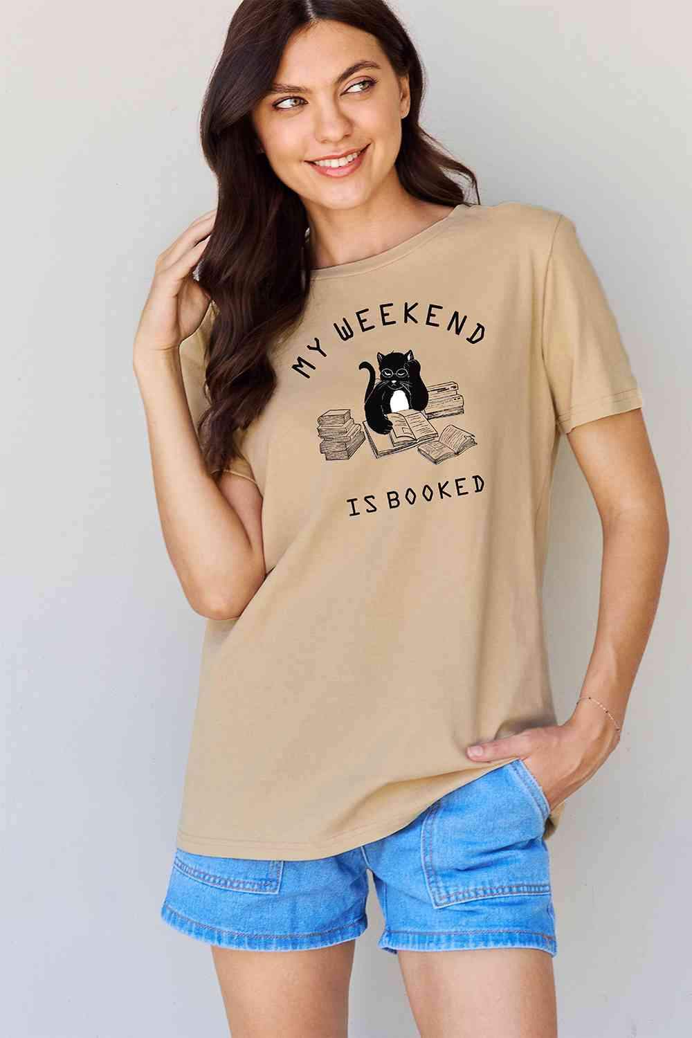 Simply Love Full Size MY WEEKEND IS BOOKED Graphic T-Shirt Khaki Women's T-Shirts - Tophatter Daily Deals