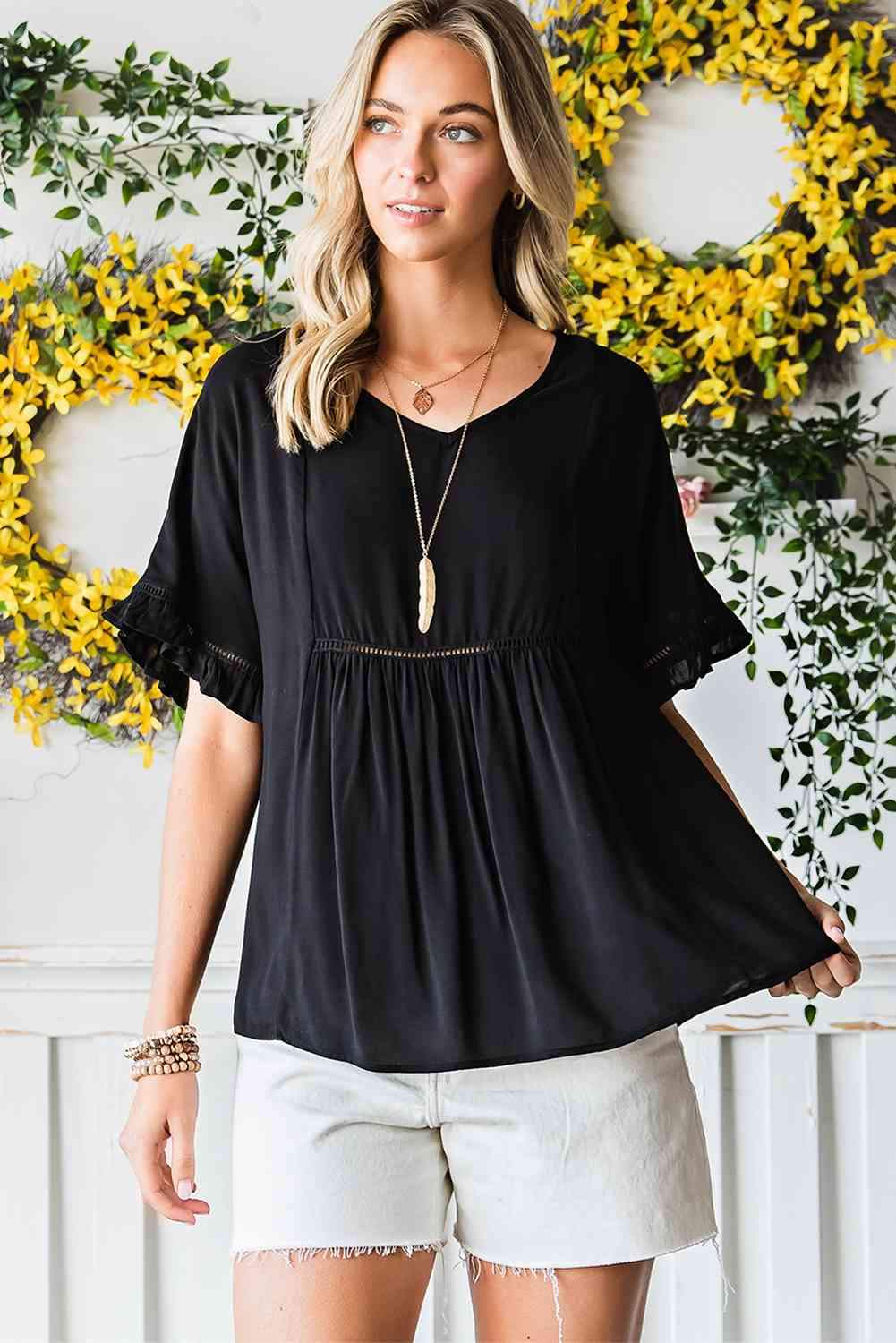 V-Neck Flounce Sleeve Babydoll Blouse Blouses - Tophatter Daily Deals