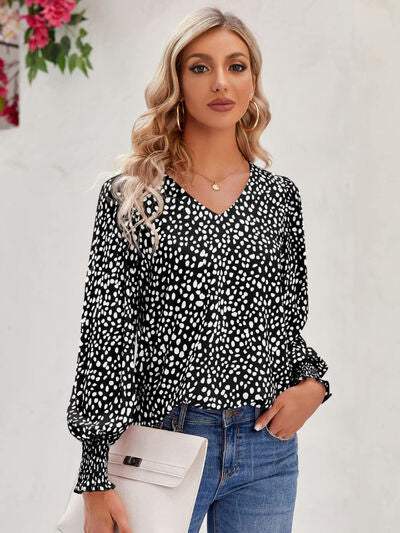 Printed V-Neck Lantern Sleeve Blouse Black Blouses - Tophatter Daily Deals