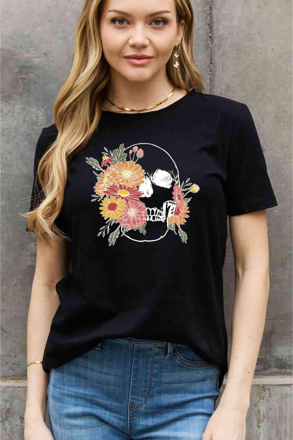 Simply Love Full Size Flower Skull Graphic Cotton Tee Women's T-Shirts - Tophatter Daily Deals