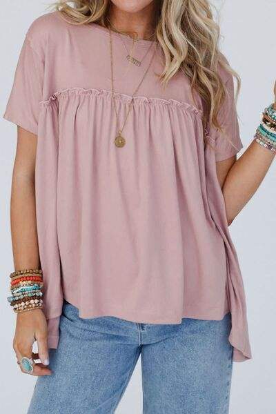 Frill Round Neck Short Sleeve T-Shirt Moonlit Mauve Women's T-Shirts - Tophatter Daily Deals