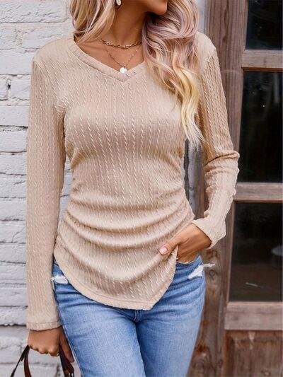 Textured Ruched V-Neck Long Sleeve T-Shirt Sand Women's T-Shirts - Tophatter Daily Deals