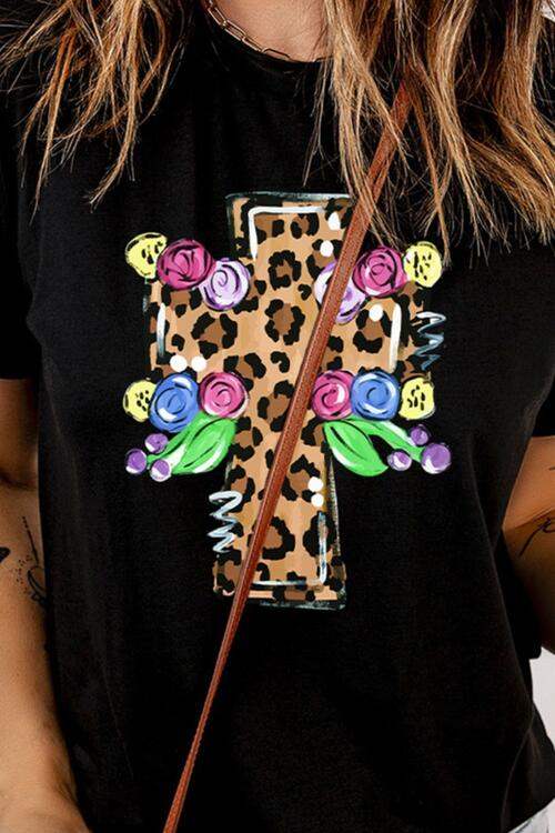 Leopard Cross Graphic Round Neck Short Sleeve T-Shirt Women's T-Shirts - Tophatter Daily Deals