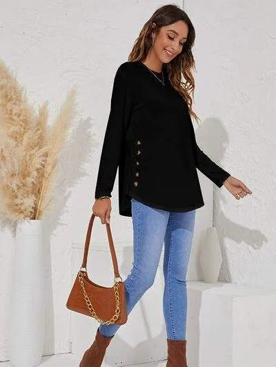 Decorative Button Round Neck Long Sleeve T-Shirt Women's T-Shirts - Tophatter Daily Deals