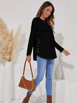 Decorative Button Round Neck Long Sleeve T-Shirt Women's T-Shirts - Tophatter Daily Deals