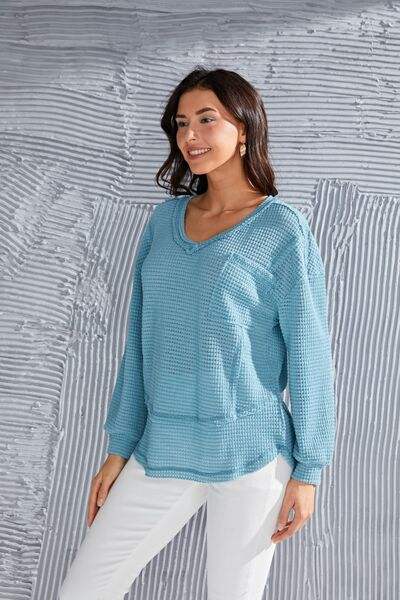 Waffle-Knit V-Neck Blouse with Breast Pocket Blouses - Tophatter Daily Deals